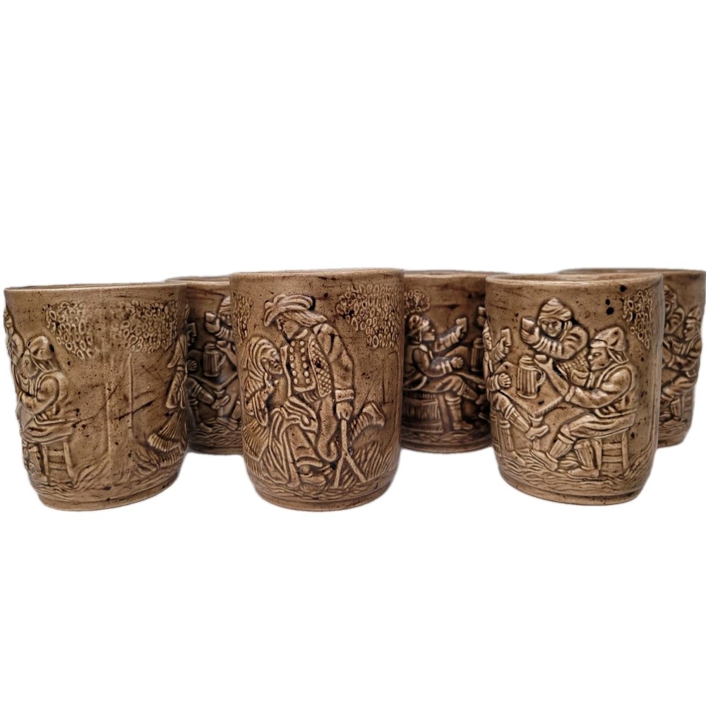 Vtg HANDMADE Mini Stoneware Relief-Molded Cups with Figural Scenes, Set of Six